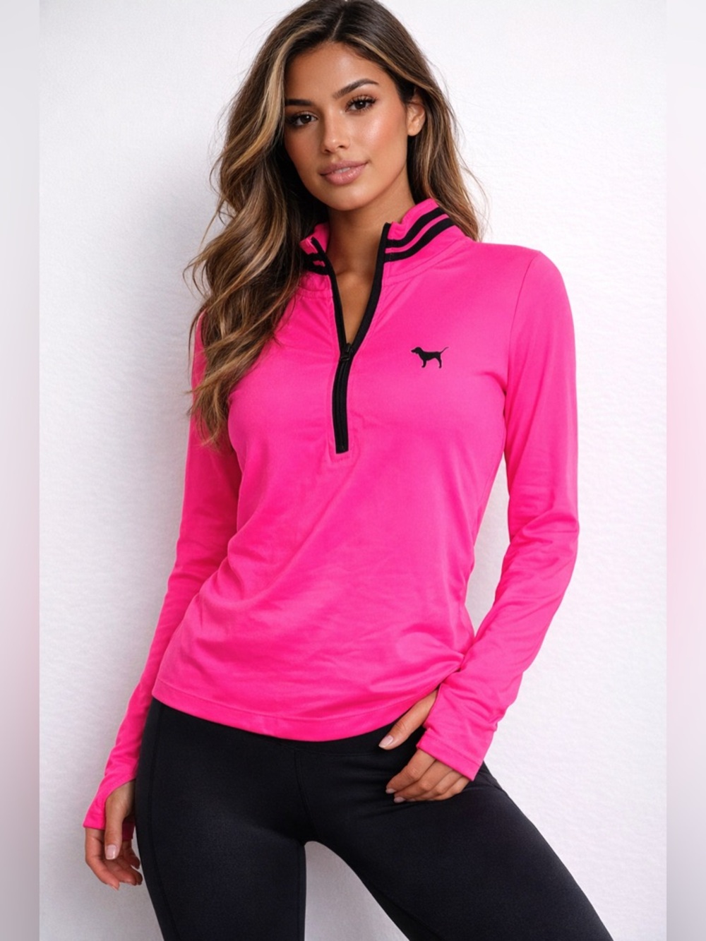 PINK Victoria's Secret Hot Pink Quarter-Zip Pullover with Black Trim